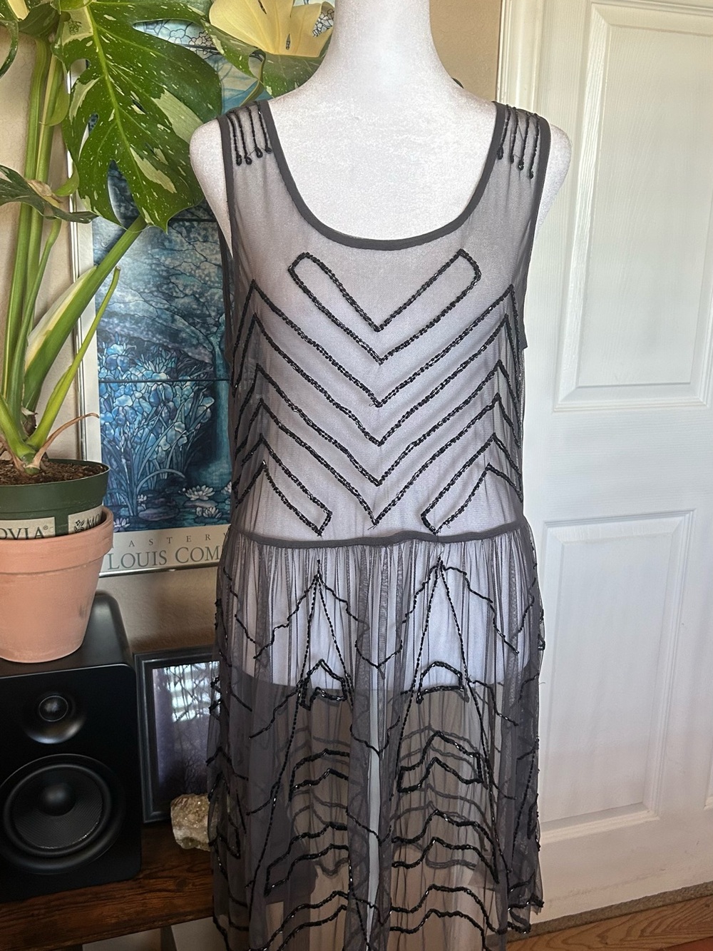 Free People Embellished Mesh Mini Slip in Charcoal. Size M NWT